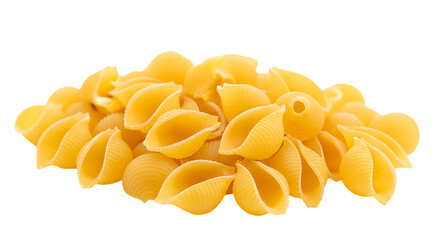 Pile of yellow conchiglie pasta shells with ribbed texture isolated on a transparent background macaroni