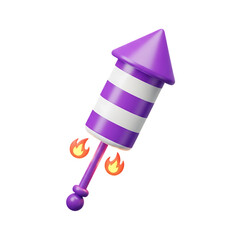 Purple and white striped firework rocket with orange flames isolated on a transparent background pyrotechnic