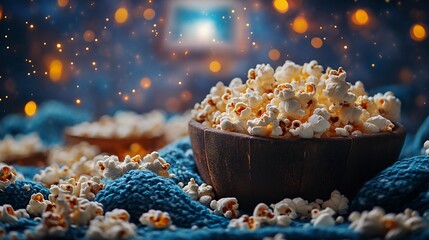 Pajama party card with cozy blankets popcorn bowls and a movie screen under the stars inviting guests to a fun filled night