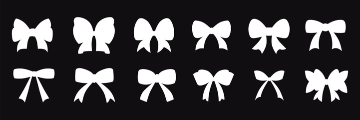 Hand drawn girly coquette bow ribbons set. Vector stock illustration isolated on black background for design template birthday, wedding, Christmas card, invitation, sale banner