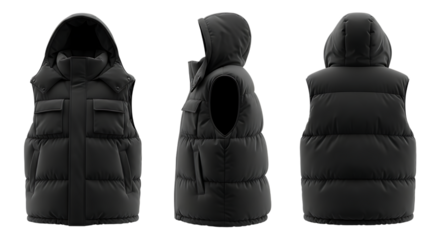 black hooded puffer vest, with multiple pockets, cutout, PNG isolated on a white or transparent background, AI