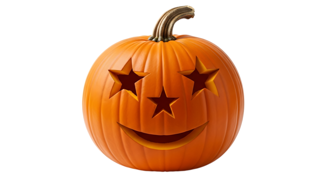 Carved halloween pumpkin with star eyes and smiling face isolated on transparent background - Powered by Adobe