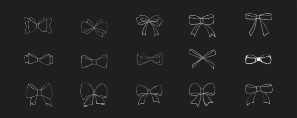 Chalk coquette bow with ribbon set. Hand drawn vector illustration isolated on black chalkboard background for design template present, wedding, Birthday, Christmas decoration or discount, sale.