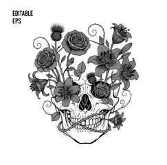 Skull with Blooming Flowers Vector | Gothic and Surreal T-Shirt Design | Editable EPS with Clean Silhouette and Minimal Background