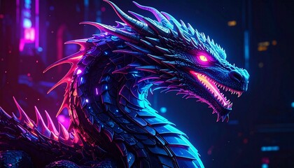 Cybernetic dragon with glowing neon accents in pink, purple, and blue, set in a dark sci-fi environment with fierce light-emitting eyes and mouth.