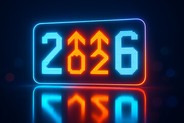 Neon futuristic 2026 concept with rising arrows representing economic progress financial growth digital future and innovative technology