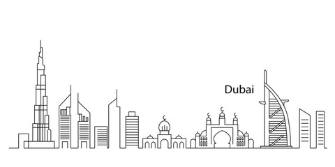 Naklejka na ściany i meble Linear panorama of the city of Dubai in Saudi Arabia. skyscrapers and modern architecture. vector illustration continuous line on a white background Naklejka na ściany i meble Linear panorama of the city of Dubai in Saudi Arabia. skyscrapers and modern architecture. vector illustration continuous line on a white background