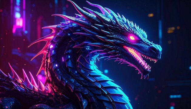 Cybernetic dragon with glowing neon accents in pink, purple, and blue, set in a dark sci-fi environment with fierce light-emitting eyes and mouth.