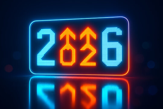 Neon futuristic 2026 concept with rising arrows representing economic progress financial growth digital future and innovative technology