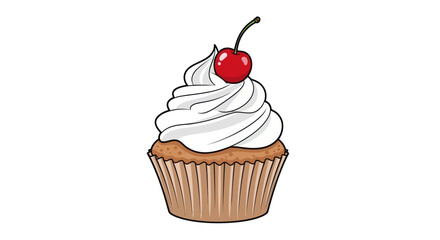 Illustrated cupcake with fluffy white icing and a bright red cherry on top.