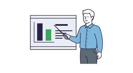 Man Presenting Bar Chart on Screen with Pointer Business Presentation.