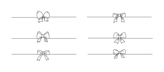 Hand drawn girly coquette bow ribbons banner set. Editable stroke line. Vector stock illustration isolated on black background for design template birthday, wedding, Christmas card, invitation, sale.