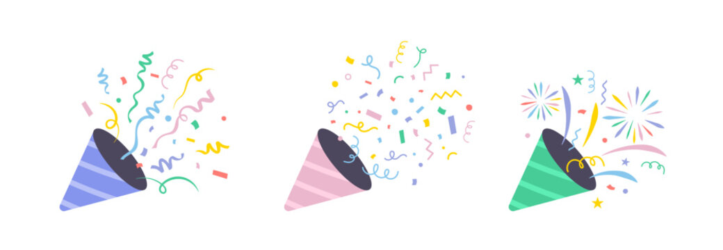 Party popper icons flat style. Party confetti celebration firework. Congratulations.