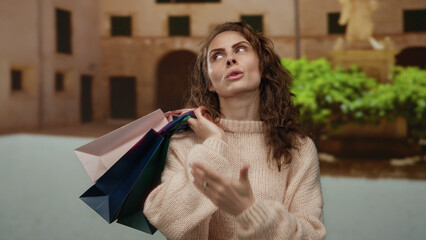 Woman standing outdoors holding shopping bags on a city street with an expression of exhaustion after shopping