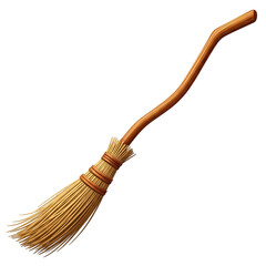 Rustic wooden broom with straw bristles and brown bindings isolated on a transparent background witch broom