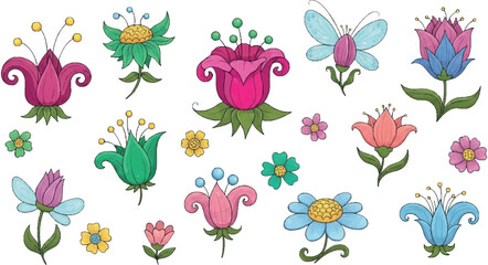 Create Fantasy flowers set. Whimsical quirky fancy blossoms, fairy dreamy blooms. Creative garden floral plants in fairytale fantastic style. Kids flat vector illustration isolated on white background