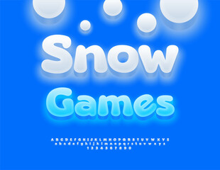 Vector Joyful sign Snow Games. Glowing Funny Font. White Childish Alphabet Letters and Numbers set
