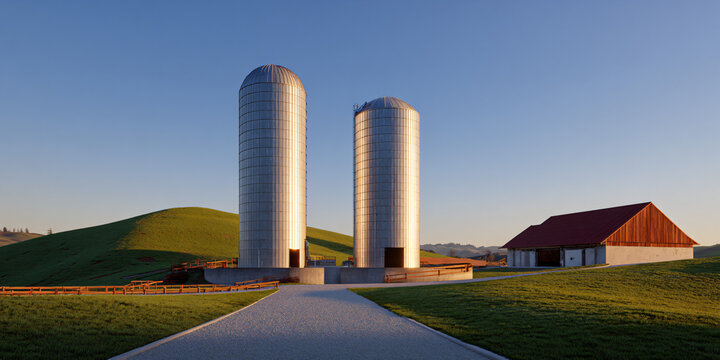 A Glimpse into the Heart of a Working Dairy Farm Where Cows Graze on Lush Green Pastures Under a Vast Open Sky - Powered by Adobe