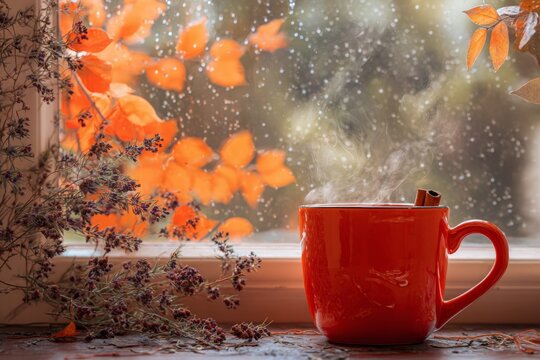 Warm beverages and the serenade of the autumn rain. Blank background. Vibrant autumn leaves reflecting on a window with a hot drink. Empty space. Creative poster.