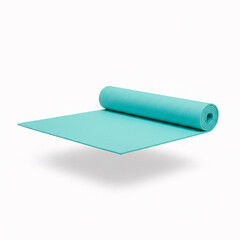 Blue yoga mat isolated on white background. 3D illustration. Studio shot.