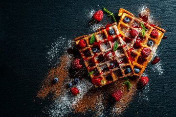 Fresh baked berry Belgian waffle with raspberries and blueberries on black a plate for breakfast, closeup, top view. Culinary, cooking, bakery concept. Food recipe background. Sweet waffles © OlegD