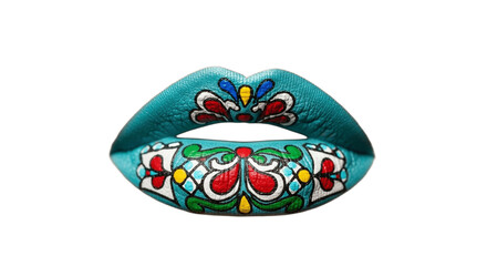 Woman’s Lips Painted Turquoise with Mexican Talavera Ceramic Motifs on Transparent Background