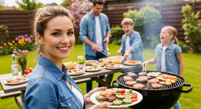 Family bbq gathering in summer garden with grilled meats and vegetables