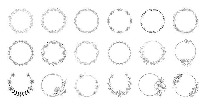 Laurel wreath graphic set. Laurels frames branches with circle borders vector collection. Wreath, design elements, frames, calligraphic.