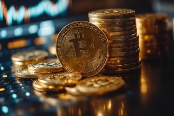 Stacks Of Bitcoins On Digital Surface