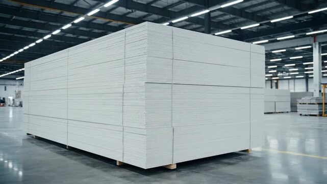 Large Stack of White Gypsum Plasterboard Sheets in a Modern Warehouse.