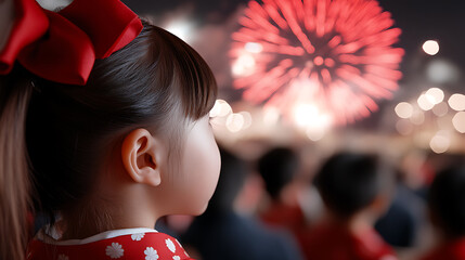A young child with a red bow in her hair gazes at a dazzling fireworks display in the night sky, filled with wonder and excitement. The crowd watches in awe.