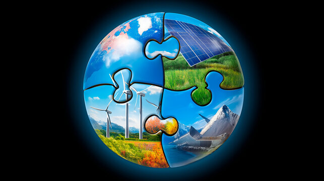 Earth-shaped puzzle with renewable energy sources including wind turbines, solar panels, and hydroelectric dam representing global sustainability - Powered by Adobe