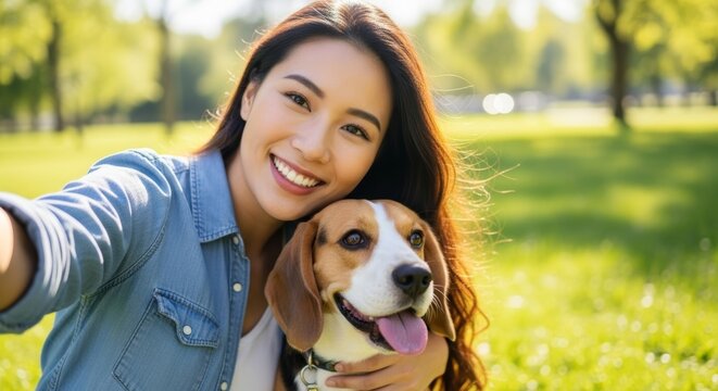 Happy moment with beagle in sunlit park