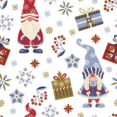 Festive Christmas seamless pattern in folk style with Nordic gnomes, gifts, snowflakes. Cozy Scandinavian holiday design for wrapping paper, fabric, greeting cards, winter decor. Vector art