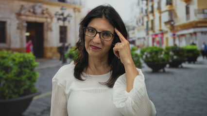 Fototapeta premium Woman wearing glasses and white blouse pointing finger to head on city street; thinking contemplation.