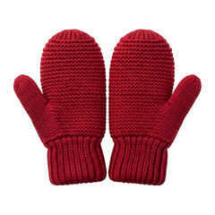 Cherry-red knitted winter mittens, centrally placed with chunky knit texture, soft lighting emphasizing wool's cozy feel. Isolated on transparent background, perfect for holiday sales,