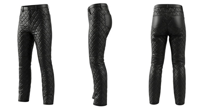black quilted leather pants, cutout, PNG isolated on a white or transparent background, AI