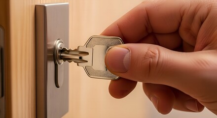 Hand Inserting Key into Lock for Security and Access Control.