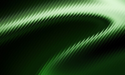 Abstract Dark Forest Green Glass Ribbed Effect Background. Modern Wavy Texture with Diagonal Stripes and Bright Glare. Modern Dark Green Wallpaper