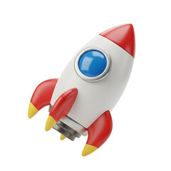 White and red cartoon rocket with blue window and yellow accents isolated on a transparent background