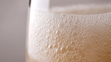 Close-up captures the bubbly effervescence of a light-colored drink, showcasing a frothy texture within a clear glass, conveying refreshment, celebration, and visual appeal.