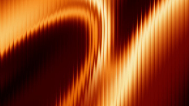 Abstract Lava Fluid Waves Glass Effect Background. Orange and Brown Curved Lines with Vertical Stripes. Dynamic fire and amber texture with a liquid metal ripple effect. Modern wallpaper background