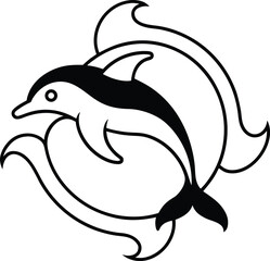 tribal dolphin mandala with waves coloring page illustration on transparent background