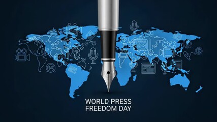 World press freedom day with fountain pen and global media icons