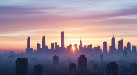 New york city skyline at sunrise shrouded in morning mist and fog