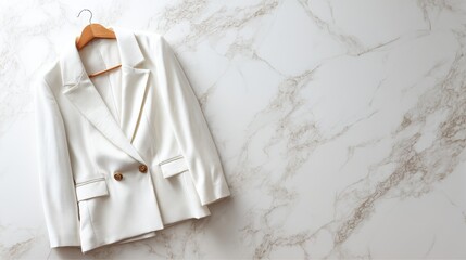 White cotton oversized blazer mockup flat lay on marble surface