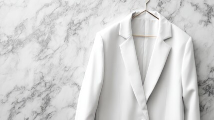 White cotton oversized blazer mockup flat lay on marble surface