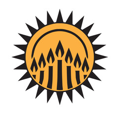 Black and orange graphic symbol of seven candles within a sunburst design Kwanzaa holiday