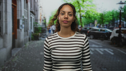 Woman waves hand in greeting on a cobblestone city street with parked cars and trees visible; welcoming.