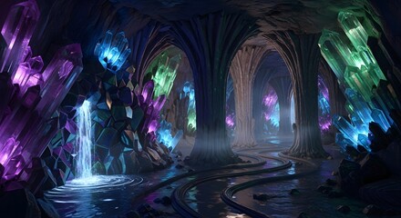 Enchanting crystal cave with glowing gemstones and mystical light